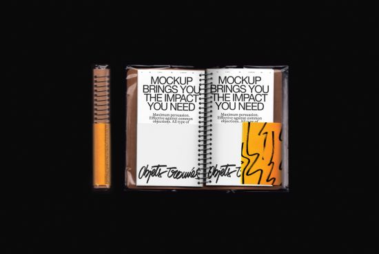 Notebook mockup with customizable cover for branding presentations, placed next to wooden pencils on a black background, ideal for designers.