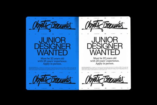 Creative typography poster mockups for junior designer job ad in blue and white color schemes featuring calligraphic fonts.