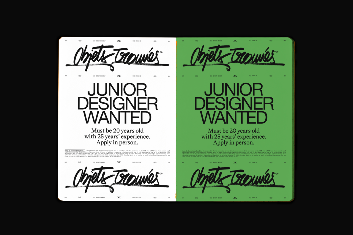 Black and green poster mockups for 'Junior Designer Wanted' ad using bold typography ideal for graphics and templates category.