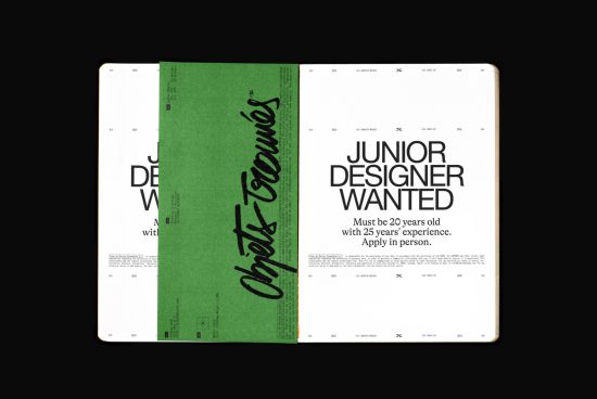 Open magazine mockup displaying bold font design with "Junior Designer Wanted" text, ideal for graphic design and typography presentations.