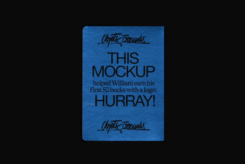 Blue textured card mockup with hand-drawn script, bold typography, plus handwritten signature details on black background