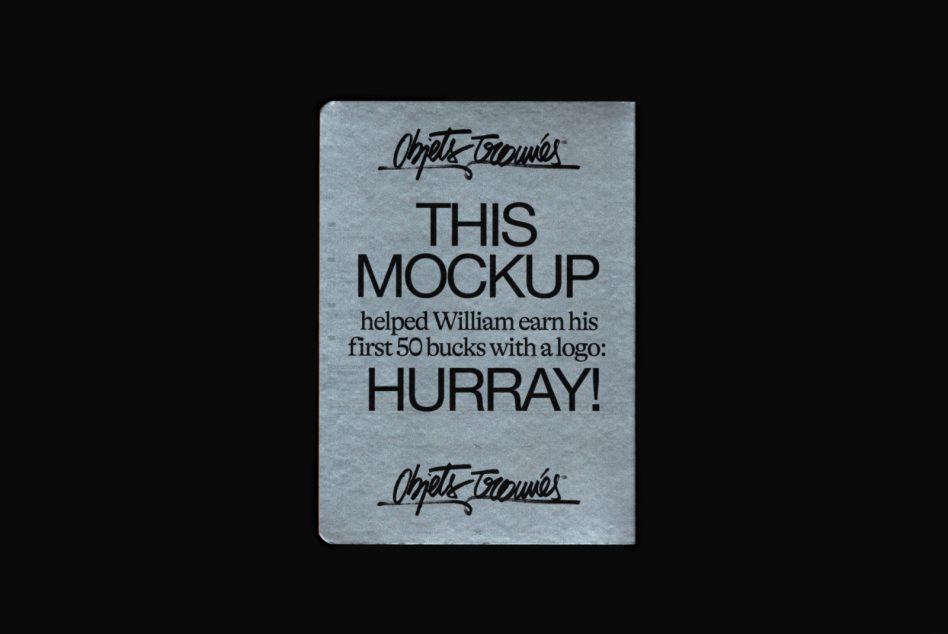 Textured blue-gray card mockup with hand-drawn script logo, bold sans-serif headline, serif body text, humorous copy about earning cash with a logo design