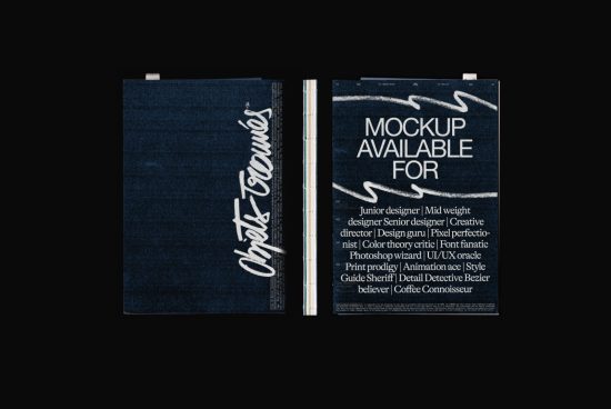 Denim texture book mockup with white typography, perfect for showcasing font designs and portfolio presentations in a realistic setting.