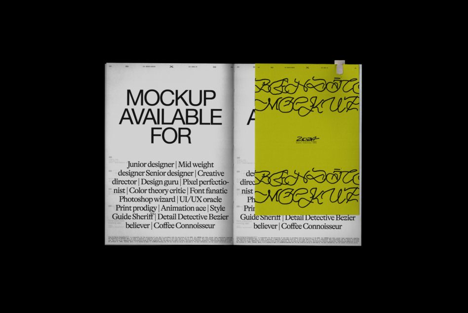 Open magazine spread mockup with minimalist left page, neon yellow right page with hand-drawn lettering