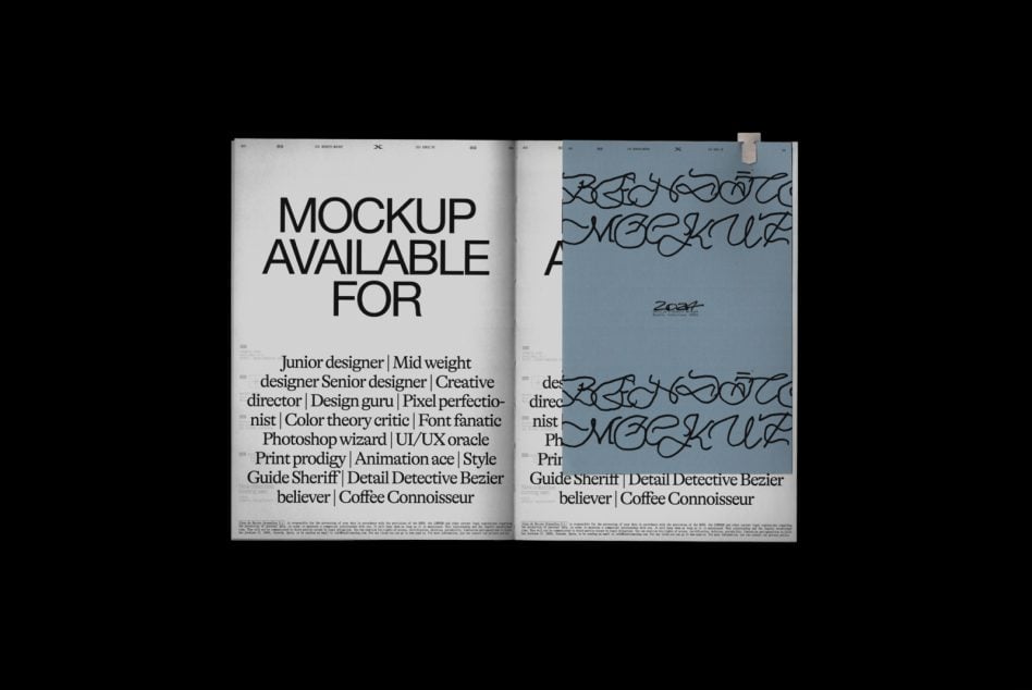 Open magazine spread mockup with minimalist layout on left page, hand-drawn lettering on blue right page