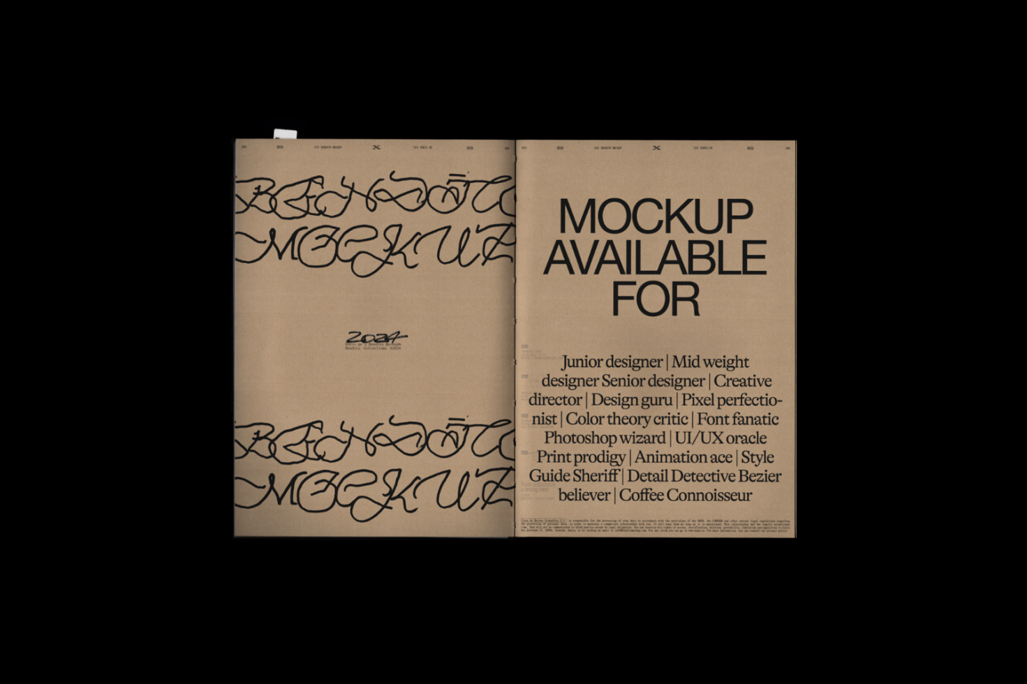 Designer magazine mockup with artistic typography showcased on a textured paper spread, perfect for presentations in Mockups category.