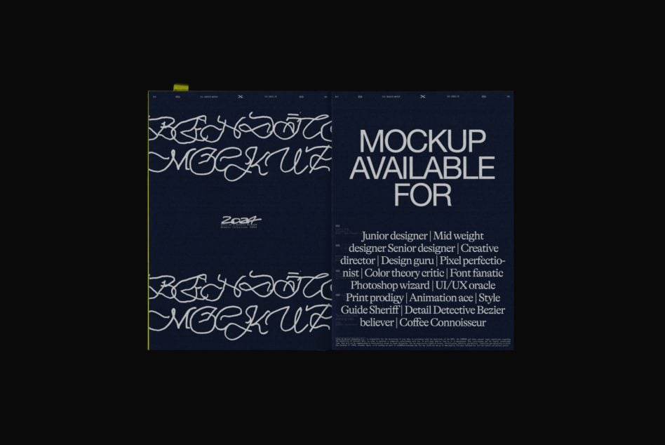 Dark blue browser mockup with flowing script font on left, right side lists designer roles in clean sans serif type