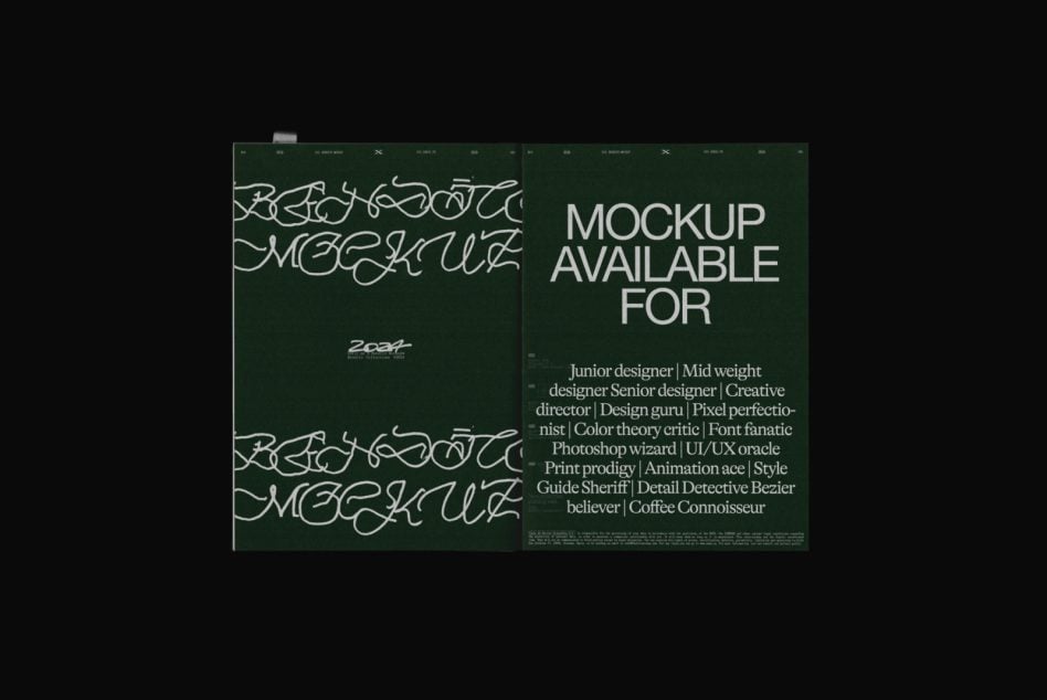 Open magazine spread mockup with dark green pages, cursive lettering on left side, right page shows "Mockup Available For" text with designer role descriptions
