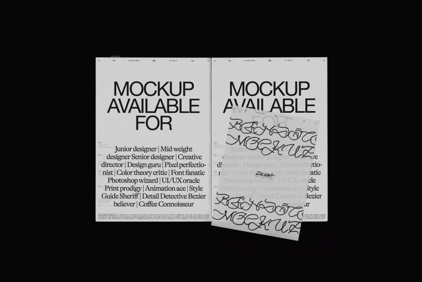 Two posters with 'Mockup Available' text for designer portfolio display, featuring contrasting clean and artistic font styles.