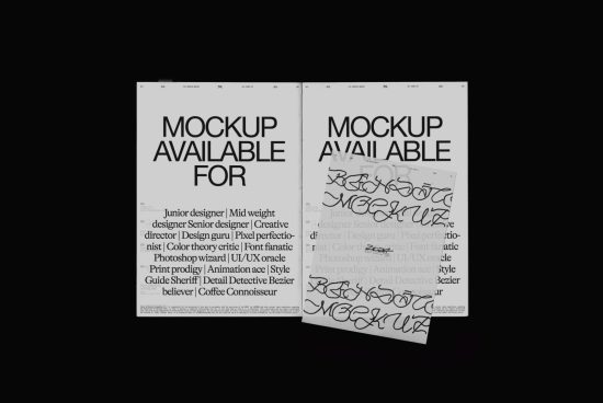Two posters with 'Mockup Available' text for designer portfolio display, featuring contrasting clean and artistic font styles.