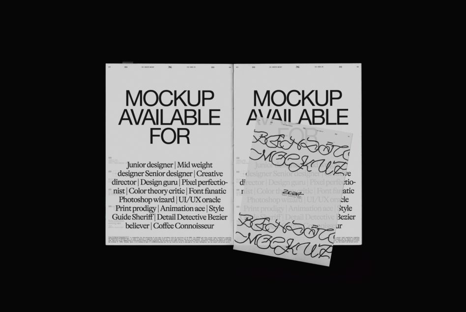 Two posters with 'Mockup Available' text for designer portfolio display, featuring contrasting clean and artistic font styles.