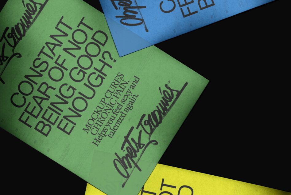 Colorful stacked flyers in green, blue, yellow with bold typography on black background