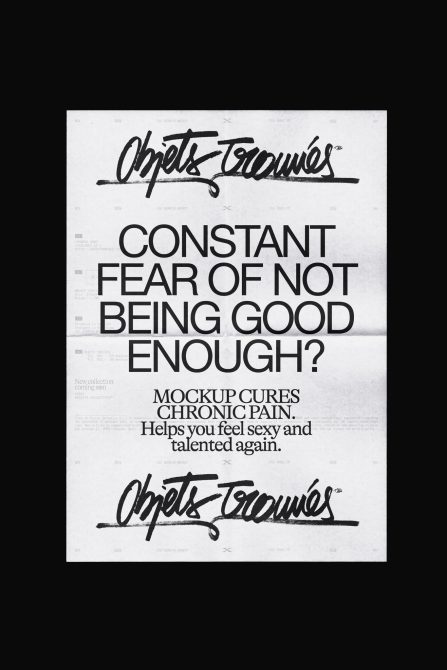 Objets Trouvés poster mockup with handwritten logo, bold sans serif headline about imposter syndrome, witty subheader copy