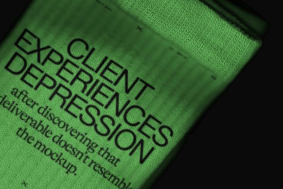 Close-up of text on green fabric mockup highlighting client experience and design expectations relevant for designers and branding mockups.