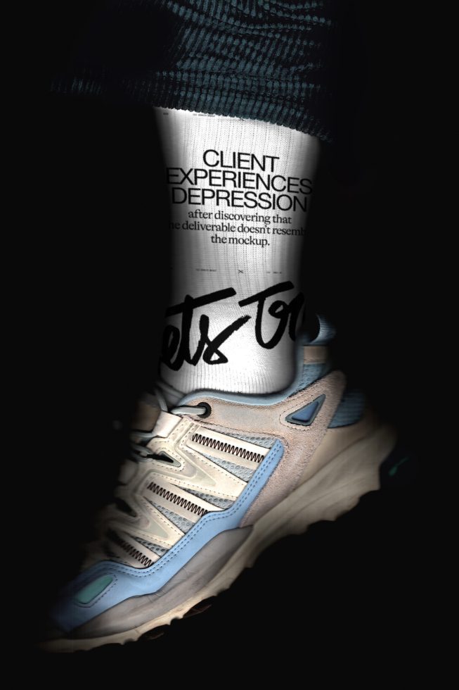 Creative mockup of a leg wearing a sock with text and a stylish sneaker, spotlighting design and typography relevance for templates.