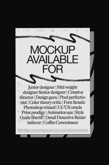 Poster mockup with black brush strokes, listing designer job titles in clean typography