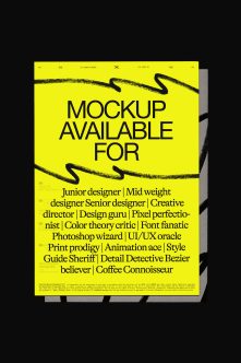 Bright yellow poster mockup with black brush strokes, listing designer job titles in serif typography