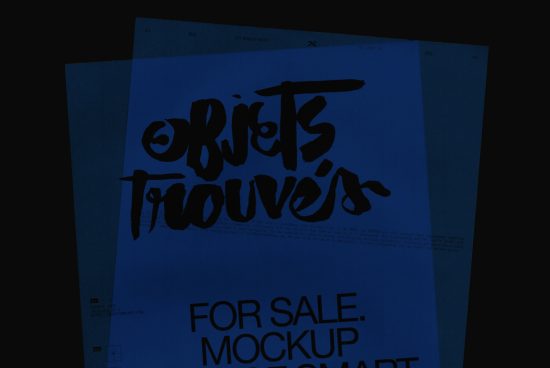 Dark poster mockup with bold brush script typography, blue background, displaying digital asset for graphic design portfolio presentation.