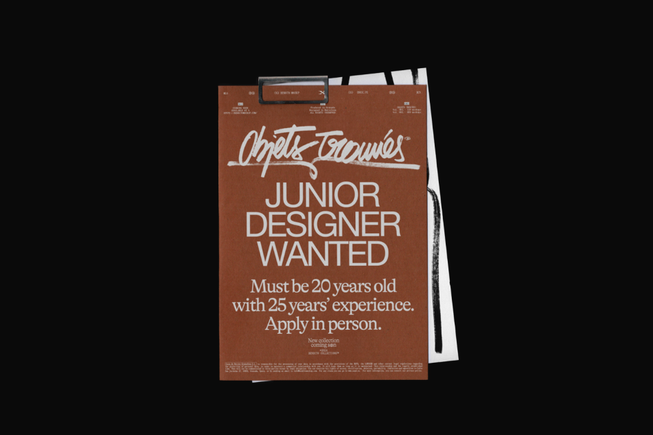 ALT: Sleek poster template mockup featuring 'Junior Designer Wanted' text, ideal for job ads, on a dark background, showcasing typography design.