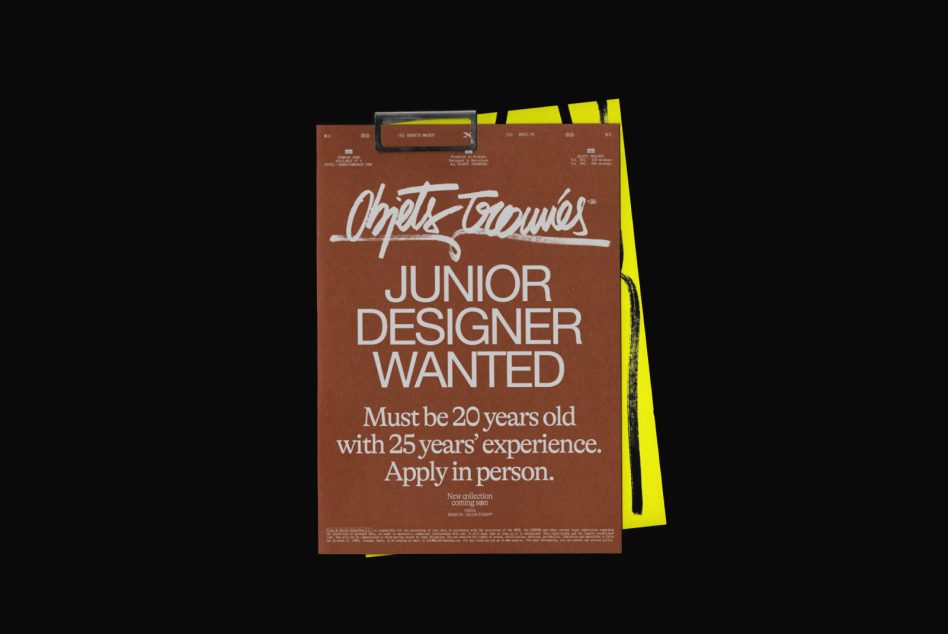 Graphic design job mockup template featuring a clipboard with a humorous designer wanted ad, emphasizing creative typography and presentation.