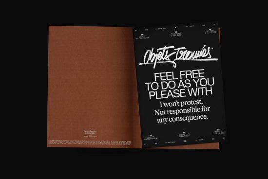 Open magazine mockup showing modern script font design in print, ideal for font showcase, typography layout presentation, and design portfolio.