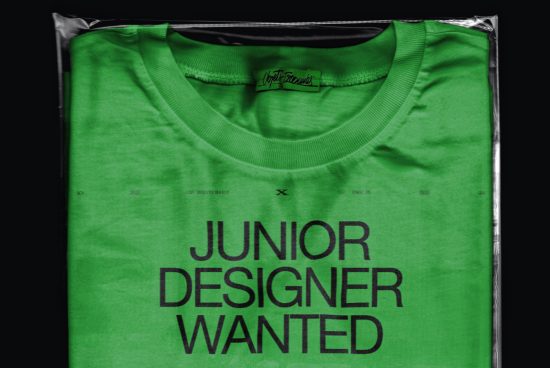 Green t-shirt mockup with junior designer wanted text, ideal for showcasing design work, in a clear plastic packaging.