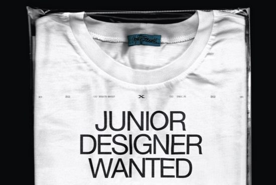 T-shirt mockup graphic design with bold typography "JUNIOR DESIGNER WANTED" packaged, ideal for job ads and fashion branding.