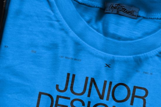 Blue t-shirt closeup view with text Junior Designer, ideal for fashion mockups and apparel design presentations.