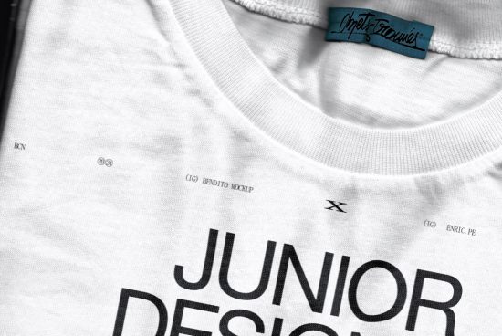 Close-up white t-shirt mockup with bold typography design and fabric tag, ideal for fashion and apparel presentations.