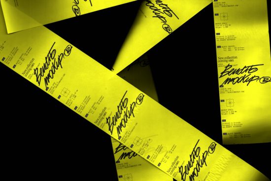Dynamic yellow event flyer mockups with bold handwritten font, displayed in various angles for designers to showcase presentation skills.