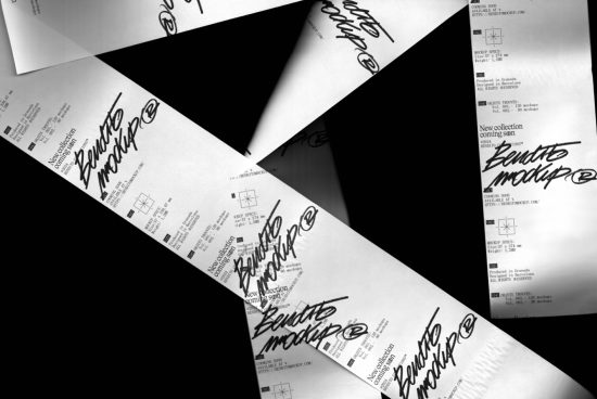 Paper mockups with stylish calligraphy showcasing design presentation, scattered arrangement, suited for graphics and templates display.