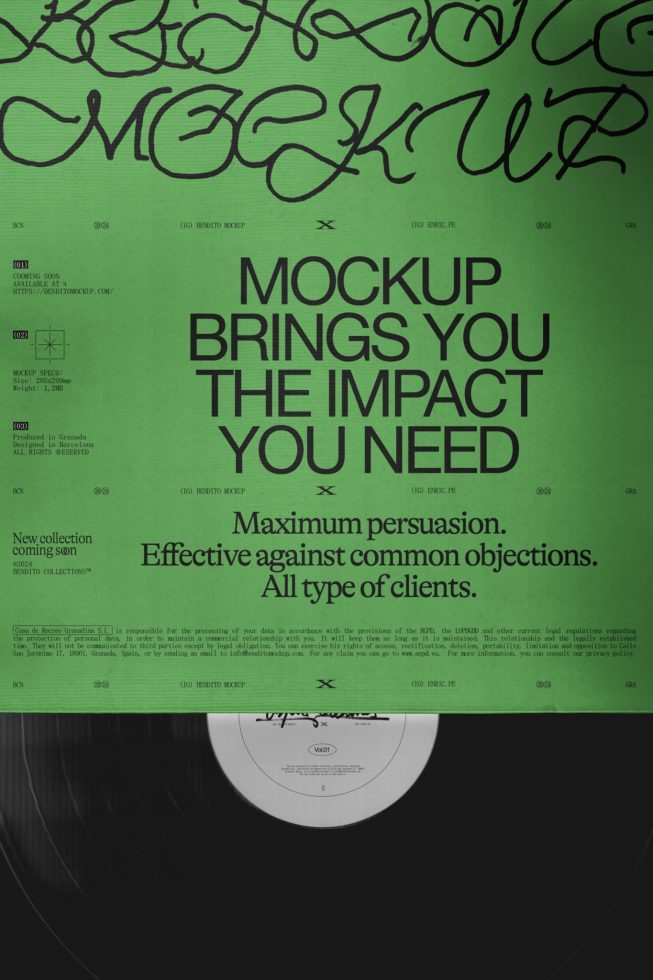 Green poster mockup with typography and vinyl record for design presentation, showcasing fonts and creative layouts for client pitches.