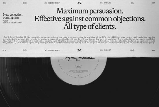 Vinyl record and poster mockup featuring bold typography for advertisement with text about maximum persuasion and client types, ideal for graphics.