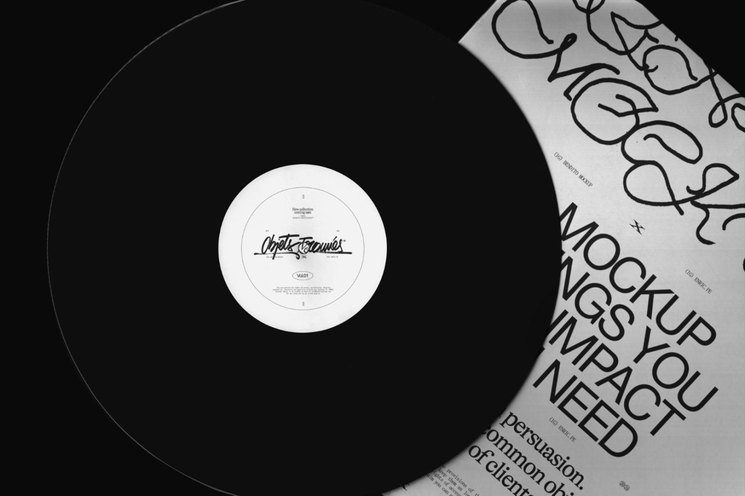 Vinyl record and sleeve mockup in black and white showcasing design space for label branding, cover art, and creative graphics.