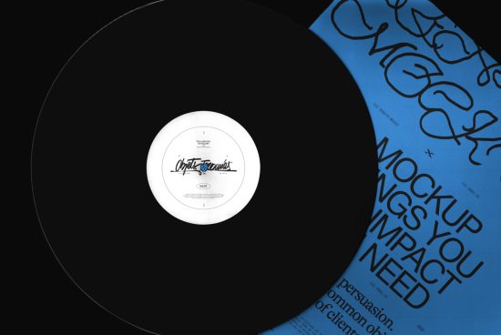 Vinyl record mockup on a blue background with bold typography, ideal for music and design presentations.