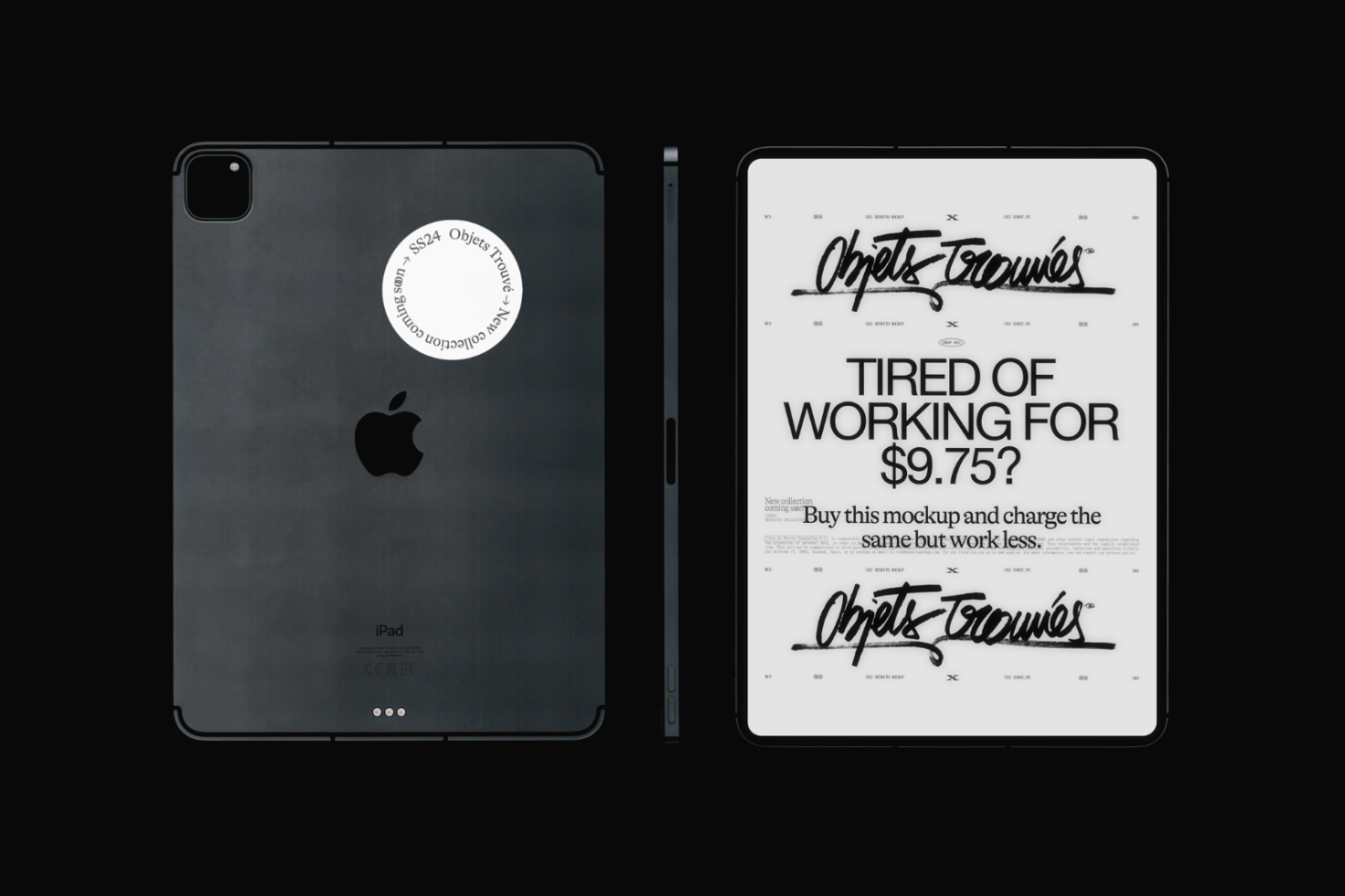 Black iPad Pro mockup with front screen displaying custom typography design, ideal for showcasing fonts and graphics on digital assets marketplace.