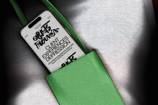 Smartphone with graphic typography case design mockup on fabric texture with green strap, showcasing stylish font and mockup display.