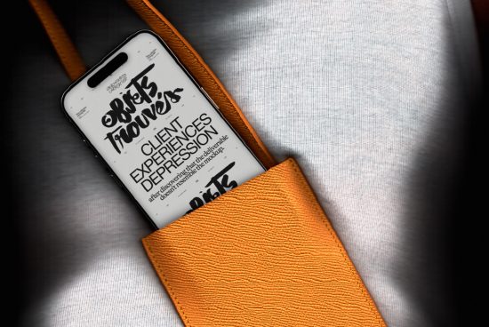 Smartphone screen showcasing bold font design placed inside an orange purse, contrasting with dark grey textured background for designers.
