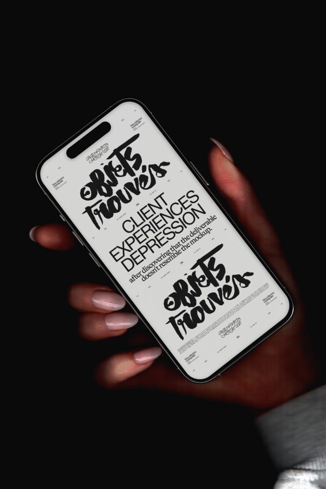 Smartphone screen mockup showcasing bold graphic typography, held in hand with a manicured thumbnail, isolated on a black background for designers.