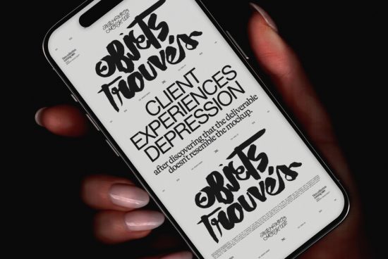 Hand holding smartphone showcasing font design mockup with dynamic brush script typography in black and white, ideal for presentations and portfolios.