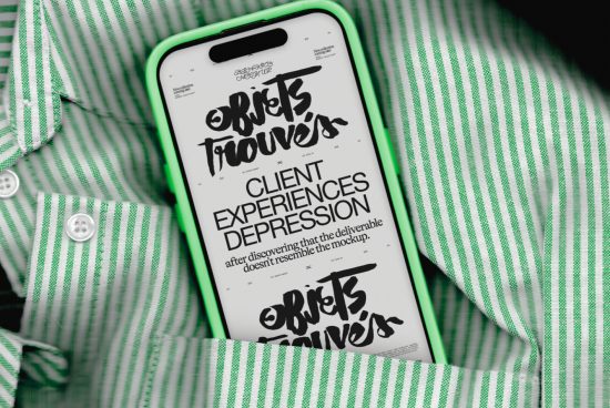 ALT: Smartphone mockup showcasing a typographic design on screen, laid on striped fabric, highlighting creative font style for designers.