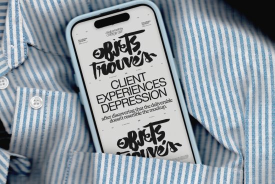 Smartphone mockup displaying bold black brush font design on screen, nestled in a blue-striped shirt pocket, ideal for font showcase.