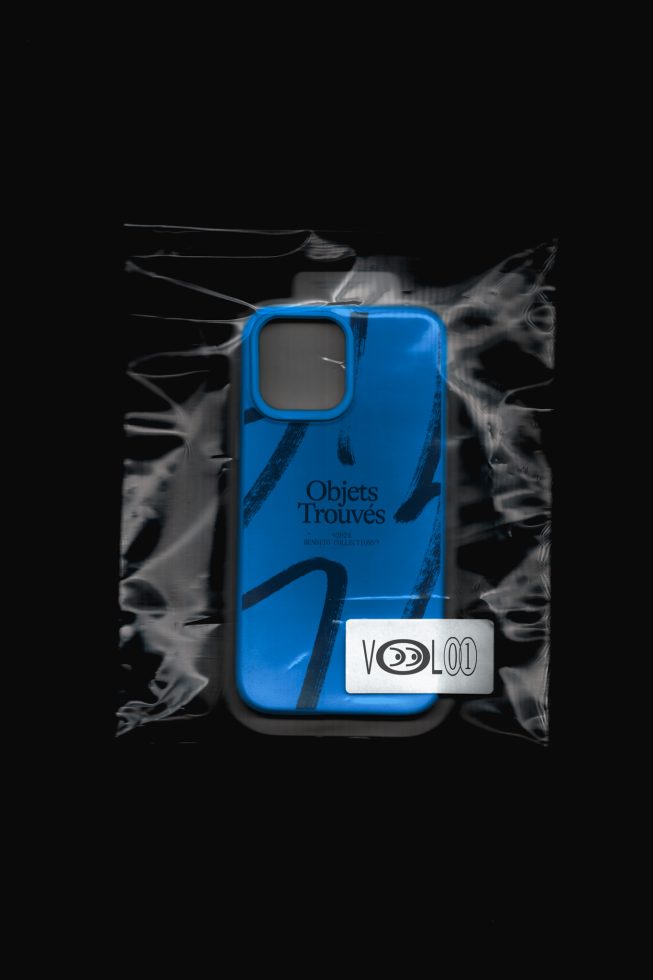 Blue smartphone case mockup with dynamic paint stroke design, modern accessory template isolated on black background.