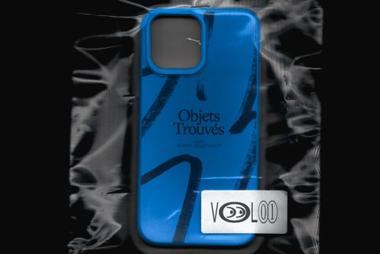 Blue smartphone case mockup with abstract brush stroke design, showcasing product presentation for designers and creative marketing.