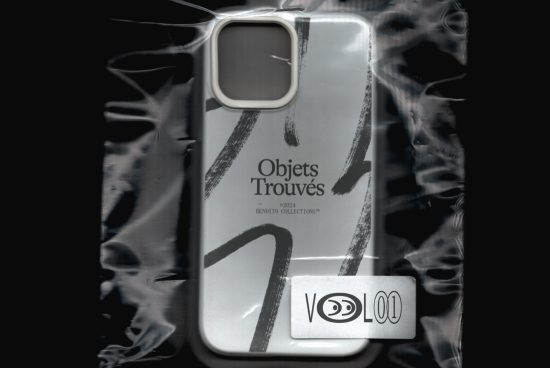 Abstract artistic smartphone case design mockup with textured brush strokes labeled Objets Trouvés from Bendito Collections.