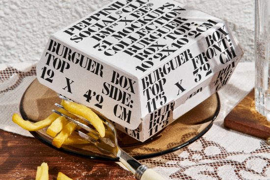 Stylish burger box mockup with typographic design, placed on glass plate with fries, ideal for food packaging and branding designs.