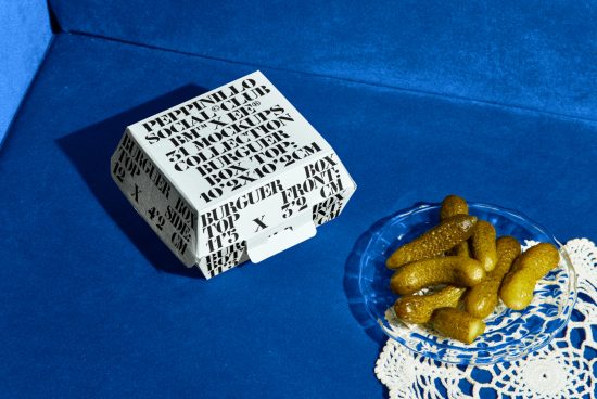 Creative packaging mockup with typographic design on white cube beside pickles on blue background for product design presentation.