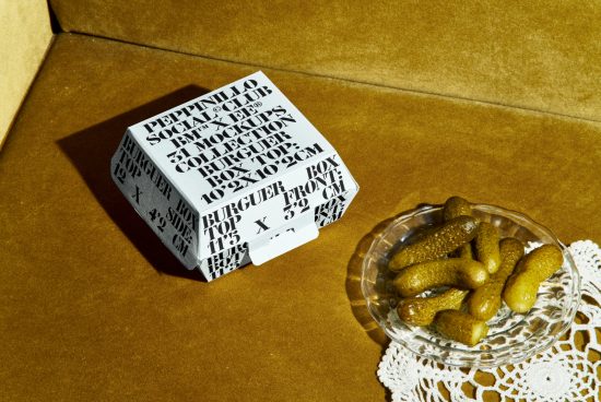 Creative packaging mockup design with typographic elements on white burger box, next to a glass dish of pickles on a textured background.