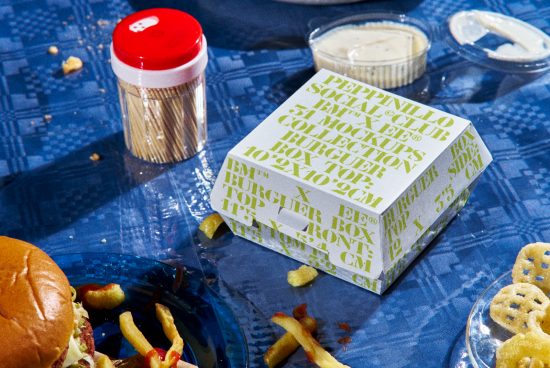 Fast-food packaging design mockup featuring burger box with stylized text, surrounded by fries and condiments, on a textured blue background.