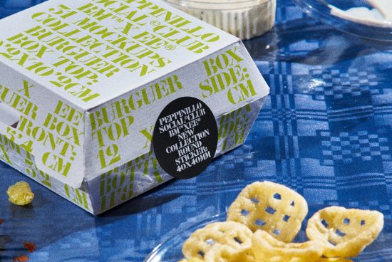 Creative fast food packaging mockup with typographic design on a blue checkered background, ideal for restaurant branding graphics.